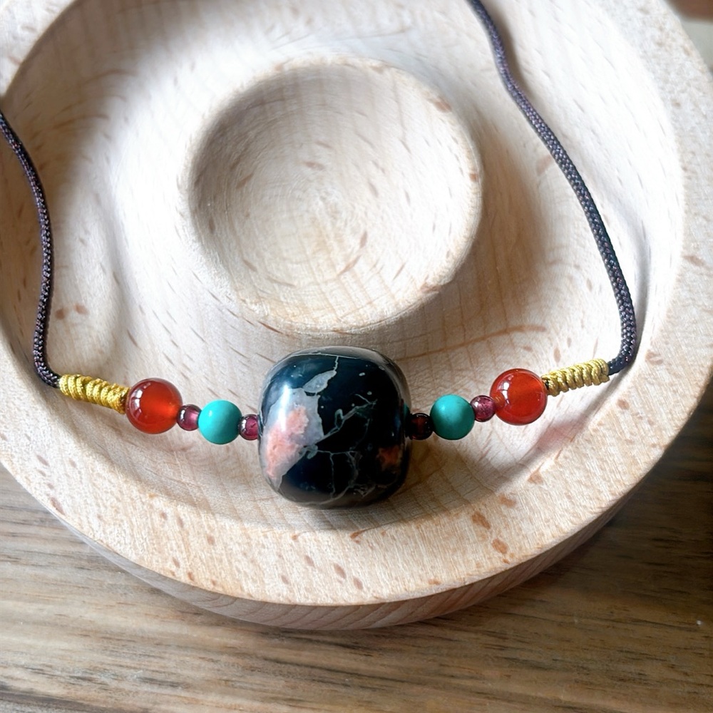 Elegant Plum Blossom Jade Beaded Necklace with Black and Red Accents